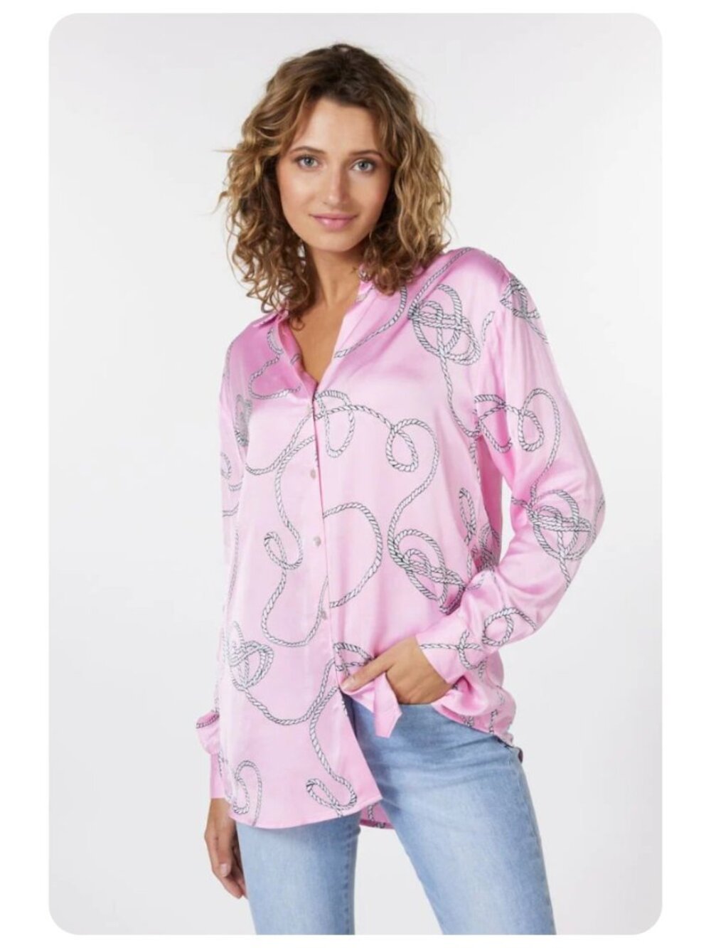 NWT Philosophy Pink Rope Print Satin Long Sleeve Button Down Blouse sz XL
